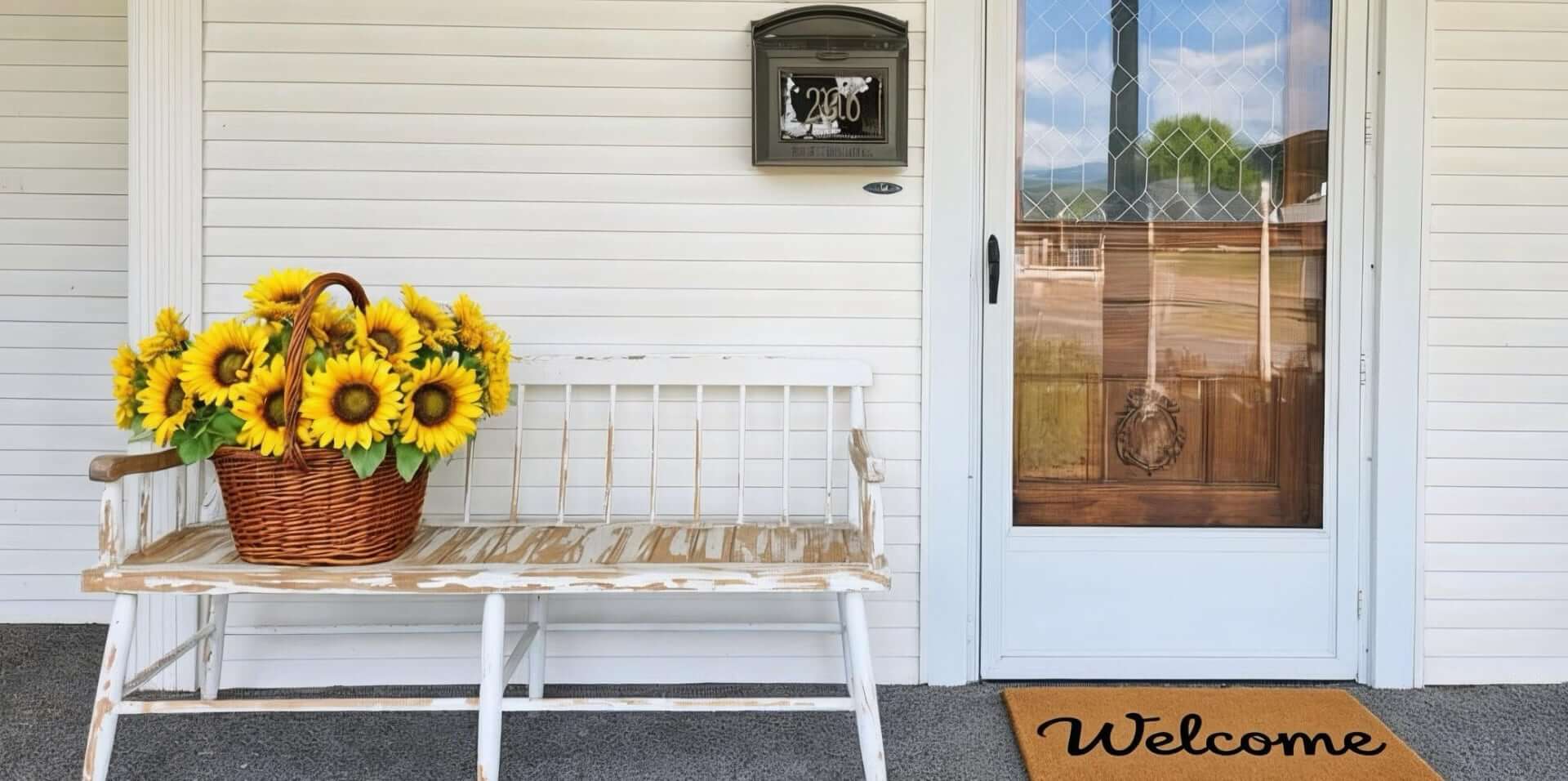 A welcoming porch featuring a bench with a basket of sunflowers and a "Welcome" doormat.